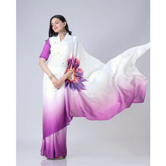 Generic Women's Soft Crepe Silk Printed Ready To Wear Saree With Unstitched Blouse 5.5Mtr (Purple)