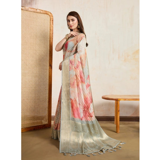 Generic Women's Viscose Printed Saree With Unstitched Blouse 5.5Mtr (Cream)