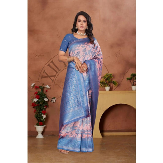 Generic Women's Banarasi Silk Jaquard Woven Saree With Unstitched Blouse 5.5Mtr (Pink)