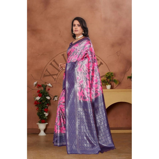 Generic Women's Banarasi Silk Jaquard Woven Saree With Unstitched Blouse 5.5Mtr (Pink)