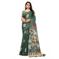 Generic Women's Linen Printed Saree With Unstitched Blouse 5.5Mtr (Dark Green)
