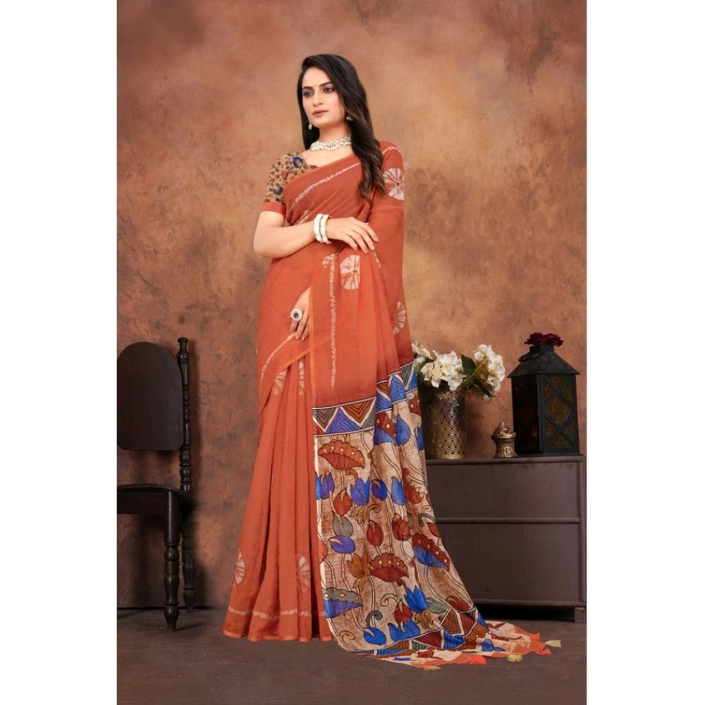 Generic Women's Linen Printed Saree With Unstitched Blouse 5.5Mtr (Red)