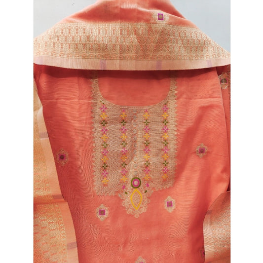 Generic Women's Banarasi Silk Printed Unstitched Salwar Suit Material With Dupatta (Peach, 3Mtrs)