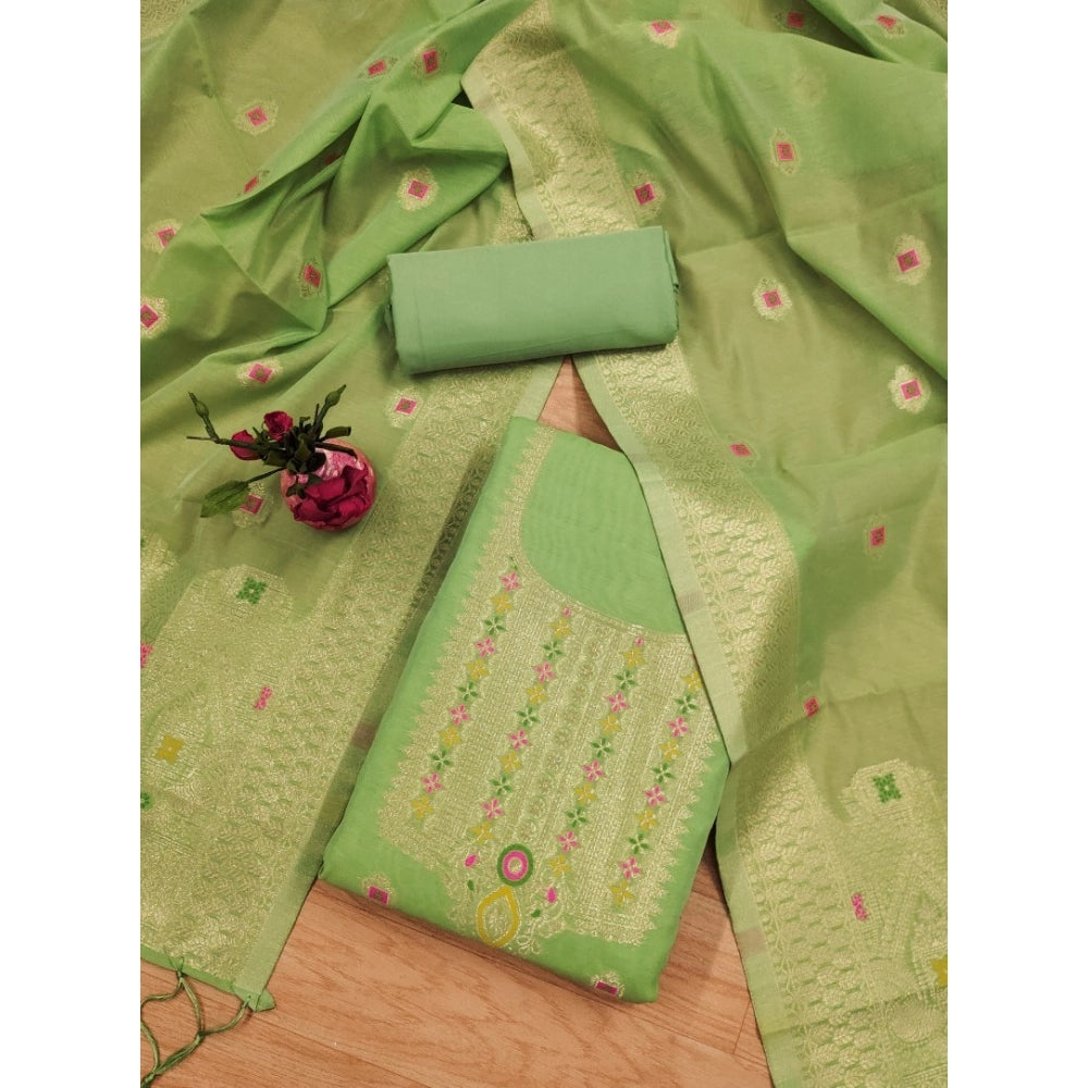 Generic Women's Banarasi Silk Printed Unstitched Salwar Suit Material With Dupatta (Pista, 3Mtrs)