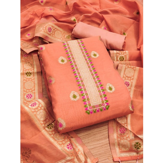 Generic Women's Banarasi Silk Printed Unstitched Salwar Suit Material With Dupatta (Peach, 3Mtrs)