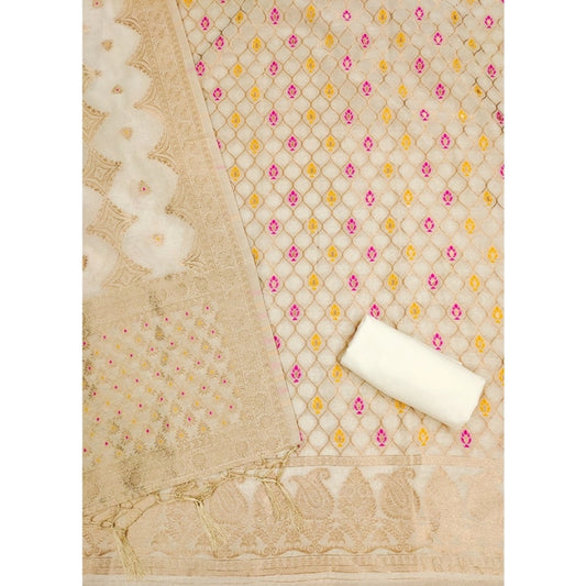 Generic Women's Banarasi Silk Printed Unstitched Salwar Suit Material With Dupatta (White, 3Mtrs)