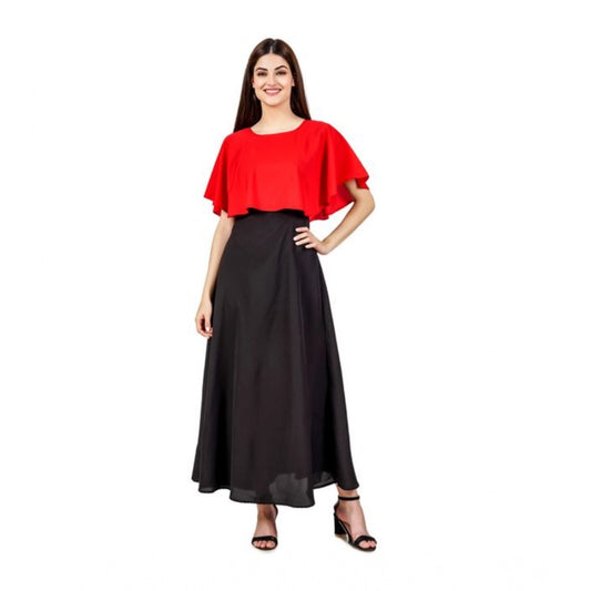 Generic Women's Casual Crepe Sleeveless Cape Dress (Red)