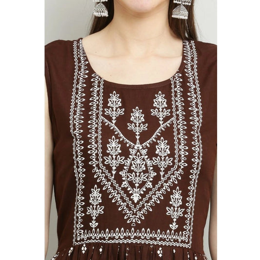 Generic Women's Casual Rayon Sleeveless Kurti (Brown)