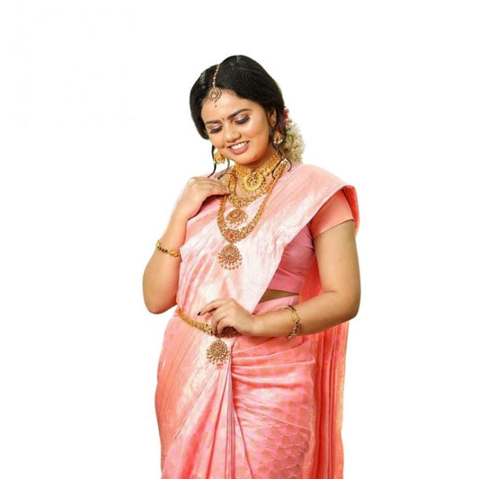 Generic Women's Soft Lichi Silk Printed Saree With Unstitched Blouse 5.5Mtr (Pink)