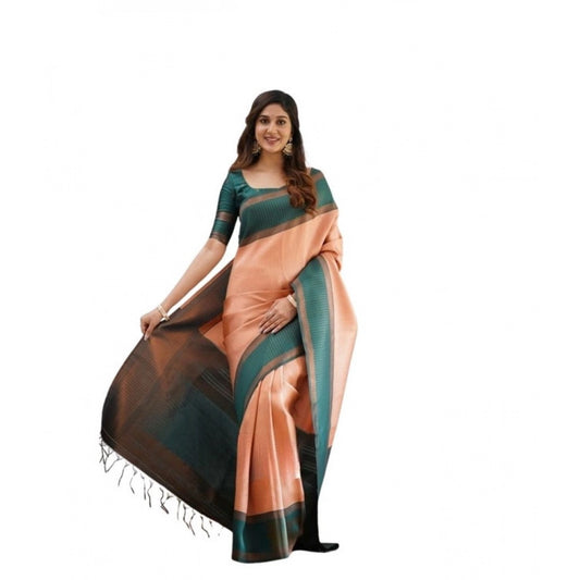 Generic Women's Soft Lichi Silk Printed Saree With Unstitched Blouse 5.5Mtr (Orange)