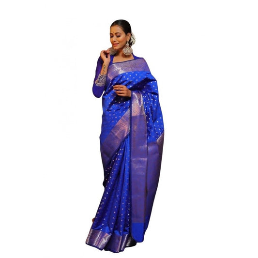 Generic Women's Soft Lichi Silk Printed Saree With Unstitched Blouse 5.5Mtr (Blue)
