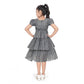 Generic Girl's Artificial Silk Striped Short Sleeve V Neck Dress (Grey)