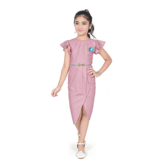 Generic Girl's Knitted Striped Short Sleeve Close Neck Dress (Pink)