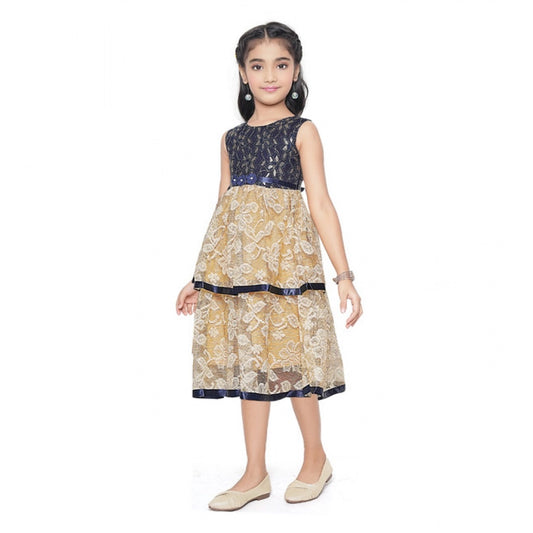 Generic Girl's Fancy Net Net Sleeve Less Round Neck Dress (Blue)