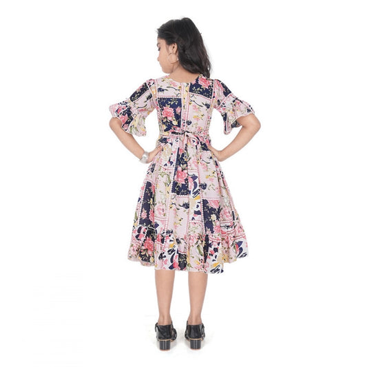 Generic Girl's Shiffon Printed Half Sleeve Round Neck Dress (Peach)
