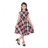 Generic Girl's Lycra Checks Striped Short Sleeve Round Neck Dress (Pink)