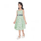 Generic Girl's Cotton Slub Printed Sleeve Less Round Neck Dress (Sea Green)