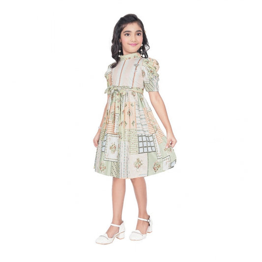 Generic Girl's Digital Knitted Printed Half Sleeve Close Neck Dress (Light Green)