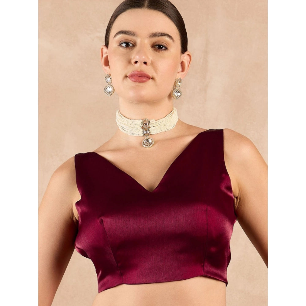 Generic Women's Jimmy Choo solid Saree With Unstitched Blouse 5.5Mtr (Wine )