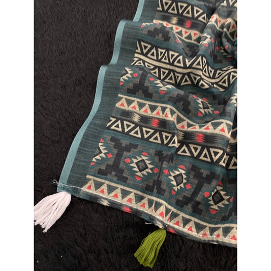Generic Women's Linen Cotton  Printed Saree With Unstitched Blouse 5.5Mtr (Blue)
