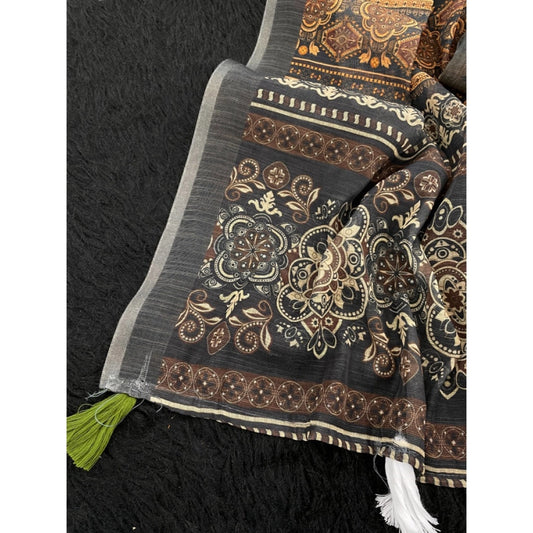 Generic Women's Linen Cotton  Printed Saree With Unstitched Blouse 5.5Mtr (Beige)