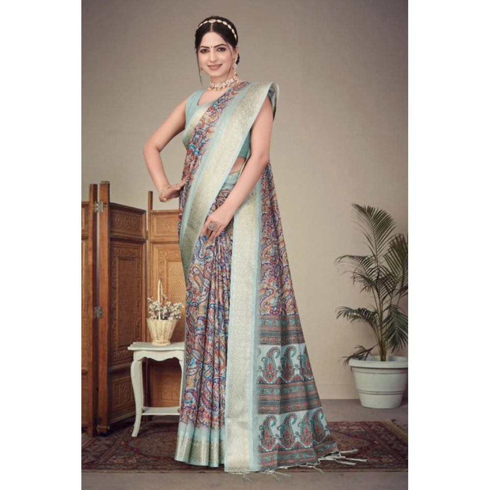 Generic Women's Cotton Silk  Printed Saree With Unstitched Blouse 5.5Mtr (Multicolor)