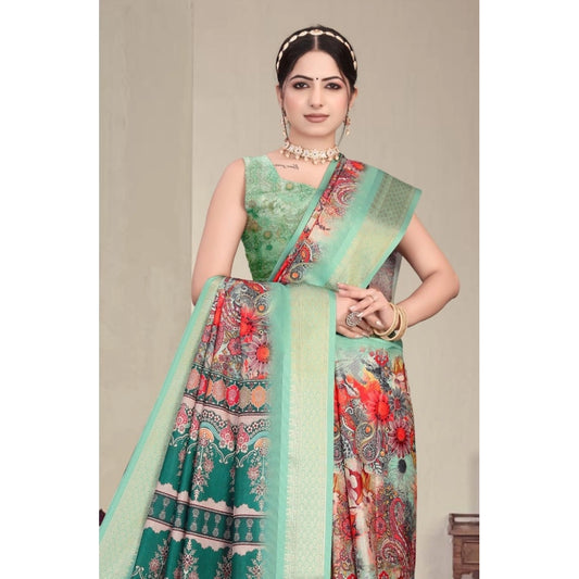 Generic Women's Cotton Silk  Printed Saree With Unstitched Blouse 5.5Mtr (Light Green)