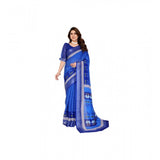 Generic Women's Linen Cotton  Printed Saree With Unstitched Blouse 5.5Mtr (Blue)