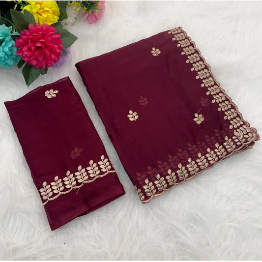 Generic Women's Georgette Embroidered Saree With Unstitched Blouse 5.5Mtr (Red)