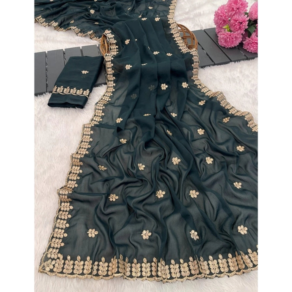 Generic Women's Georgette Embroidered Saree With Unstitched Blouse 5.5Mtr (Teal)