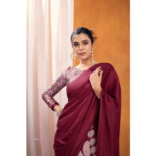 Generic Women's Satin Crepe Printed Saree With Unstitched Blouse 5.5Mtr (Maroon)