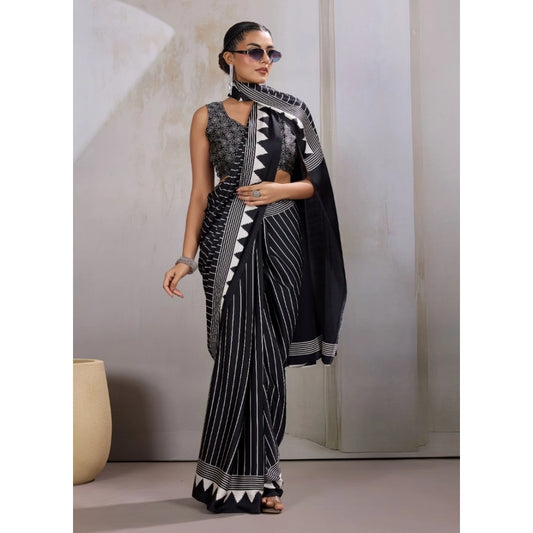 Generic Women's Satin Crepe Printed Saree With Unstitched Blouse 5.5Mtr (Black)