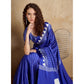 Generic Women's Satin Crepe Printed Saree With Unstitched Blouse 5.5Mtr (Navy Blue)