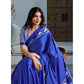 Generic Women's Satin Crepe Printed Saree With Unstitched Blouse 5.5Mtr (Blue)
