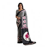 Generic Women's Satin Crepe Printed Saree With Unstitched Blouse 5.5Mtr (Black)