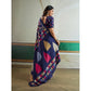 Generic Women's Satin Crepe Printed Saree With Unstitched Blouse 5.5Mtr (Navy Blue)