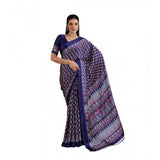 Generic Women's Satin Crepe Printed Saree With Unstitched Blouse 5.5Mtr (Navy Blue)