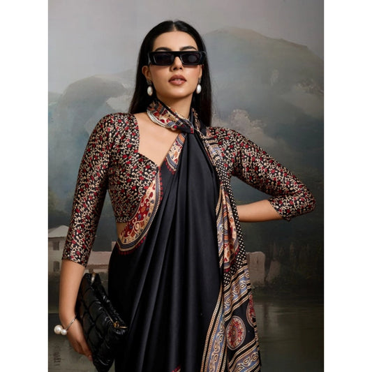 Generic Women's Satin Crepe Printed Saree With Unstitched Blouse 5.5Mtr (Black)