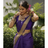 Generic Women's Banarasi Silk Printed Saree With Unstitched Blouse 5.5Mtr (Purple)