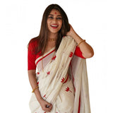 Generic Women's Linen Printed Saree With Unstitched Blouse 5.5Mtr (White)