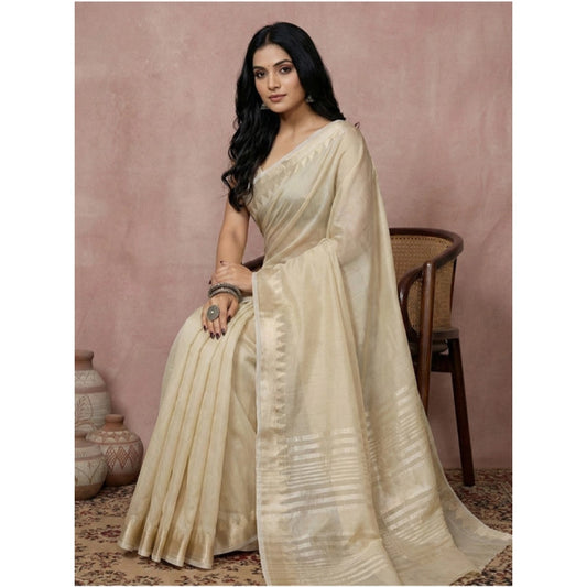 Generic Women's Cotton Printed Saree With Unstitched Blouse 5.5Mtr (Cream)