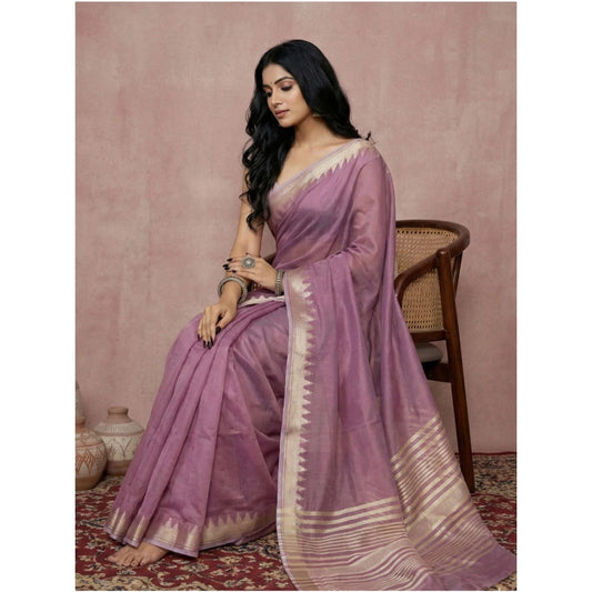 Generic Women's Cotton Printed Saree With Unstitched Blouse 5.5Mtr (Purple)