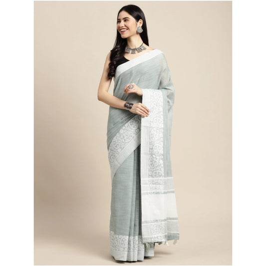Generic Women's Linen Printed Saree With Unstitched Blouse 5.5Mtr (Sea Green)