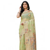 Generic Women's Linen Cotton Printed Saree With Unstitched Blouse 5.5Mtr (Light Green)