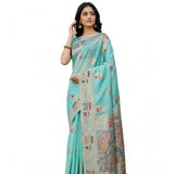 Generic Women's Linen Cotton Printed Saree With Unstitched Blouse 5.5Mtr (Sky Blue)