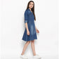 Generic Women's Denim Solid Roll Up Sleeve Dress (Blue)