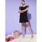 Generic Women's Organza And Polyester Lycra Floral Short Sleeve Dress (Black)