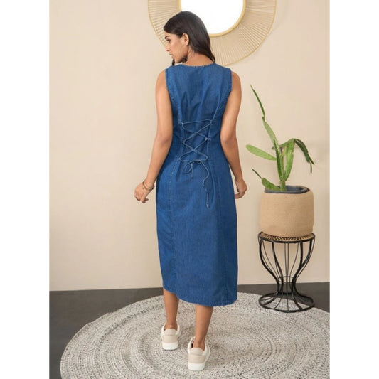 Generic Women's Denim Solid Sleeveless Dress (Blue)