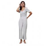 Generic Women's Polyester Shimmer Self Design Short Sleeve Jumpsuit (Silver)