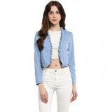 Generic Women's Denim Ruffled Long Sleeves Shrug (Blue)